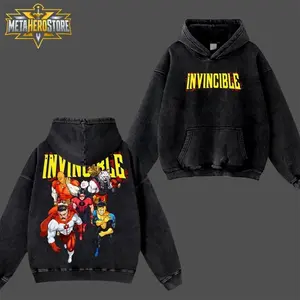 MetaHero Invincible Universe Team T-Shirt Hoodie, Mark Grayson Omni Man Atom Eve Allen Comic TV Series Double Printed Oversize Acid Washed Cotton Graphic Top, Classic Soft Relaxed Fit Streetwear Apparel Fan Gift