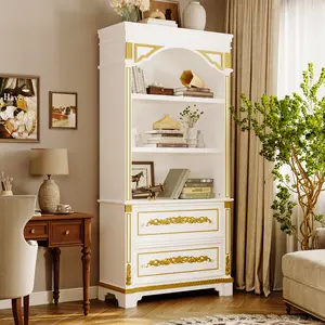 FUFU&GAGA Vintage Arch Bookshelf with 2 Drawers and 3 Shelves, Decorative Display Bookcase, Carved Patterns