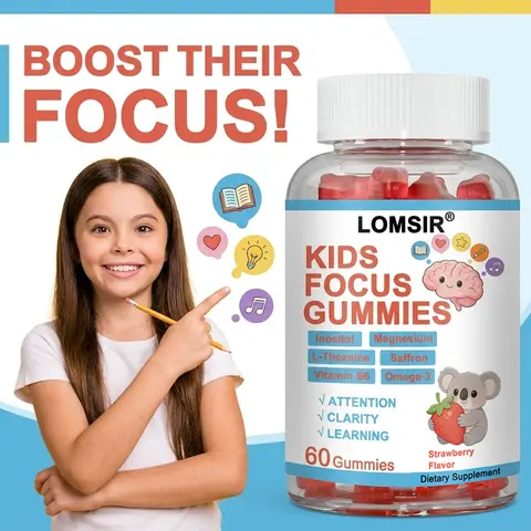 LOMSIR Kids Soothing Focus Booster Chewable Dietary Supplement Gummies - Natural Magnesium Glycinate Herbal Supplements, L-Theanine, Saffron, Inositol - Minerals for Youth Cognitive Function & Brain Health - Prop 65 Safe - 60 Pieces
