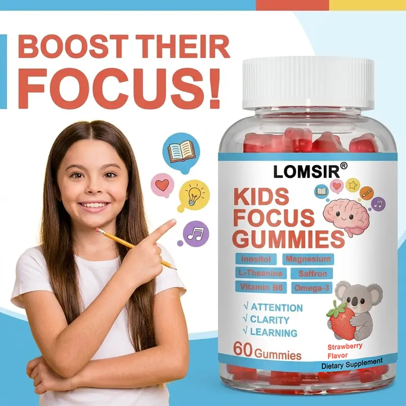 LOMSIR Kids Soothing Focus Booster Chewable Dietary Supplement Gummies - Natural Magnesium Glycinate Herbal Supplements, L-Theanine, Saffron, Inositol - Minerals for Youth Cognitive Function & Brain Health - Prop 65 Safe - 60 Pieces