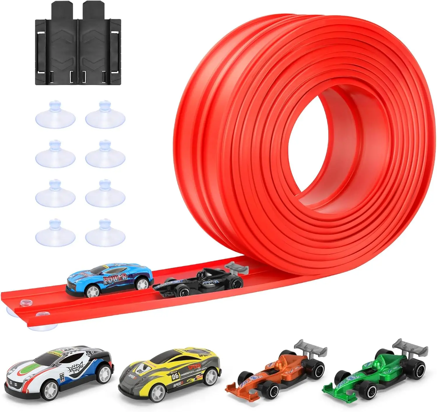 Portable Flexible Race Car Track Set 15 Ft Starter Set Flexible Race Track for Kids 3+, Flexible Car Track Race Car Ramp Track Compatible with Diecast 1/64th Cars, Portable Rolls Up Race Tracks with Strong Suction Cups