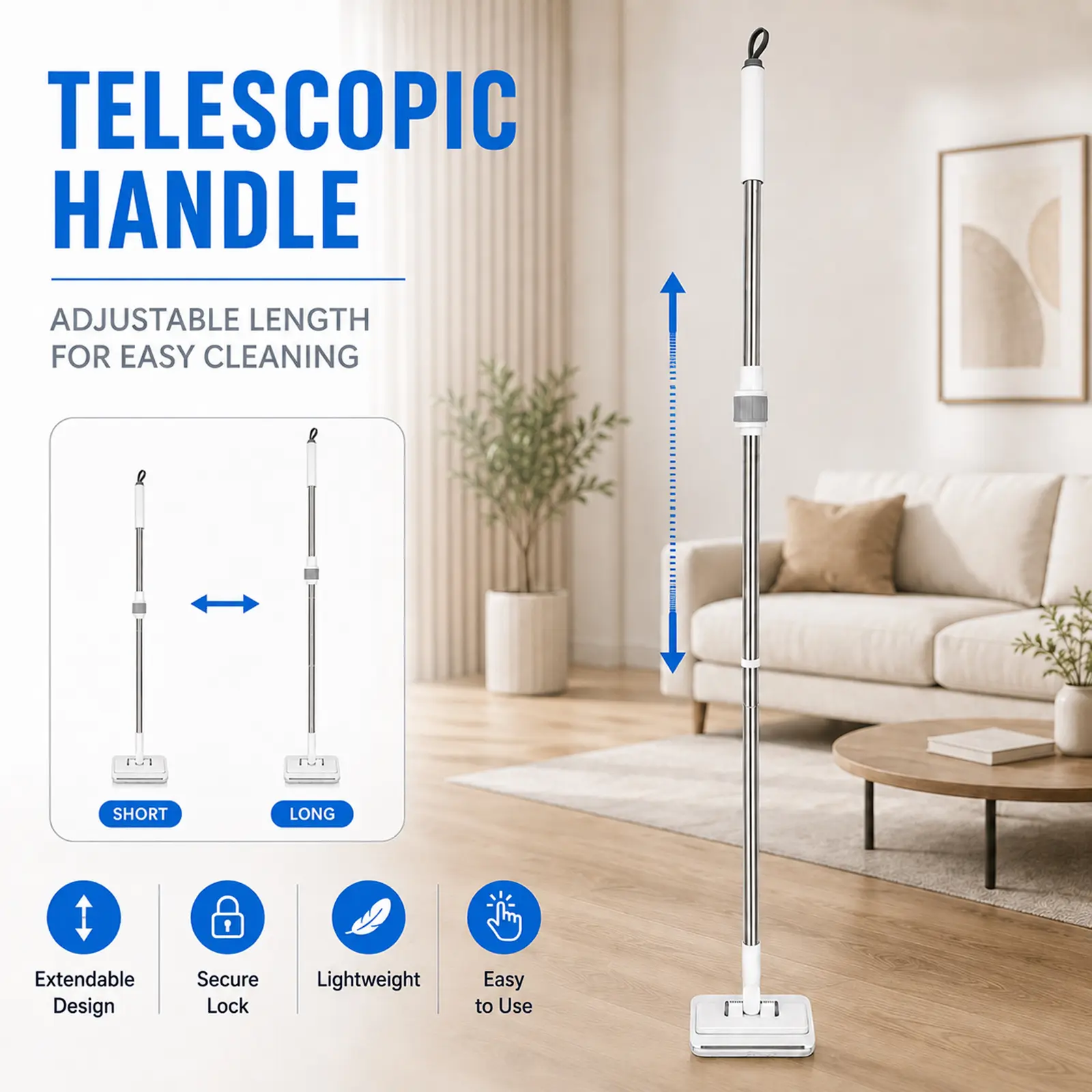 SOPAMI Retractable Disposable Flat Dust Mop - Floor Care Tool, Removable, Dry Wet Dual Use, Clamp Design, Hands-Free No Hand-Wash, 1-Click Cloth Release, Ideal for Hard Floors, Baseboards