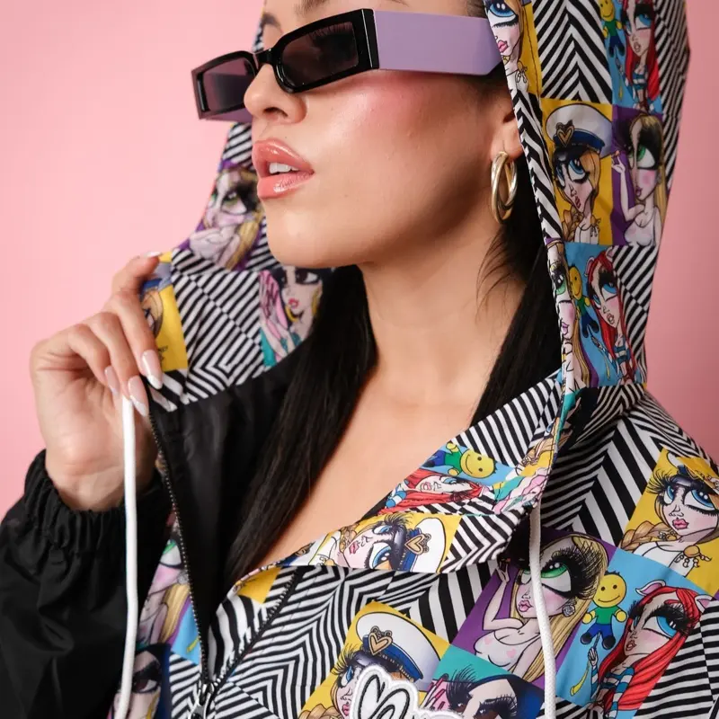 Sand Dolls Windbreaker Jacket - Retro 90's Inspired Pattern, Loose Fit, Casual Womenswear, Available in Short or Long Length - Comfort, Tops, Coats, Jackets, Outerwear