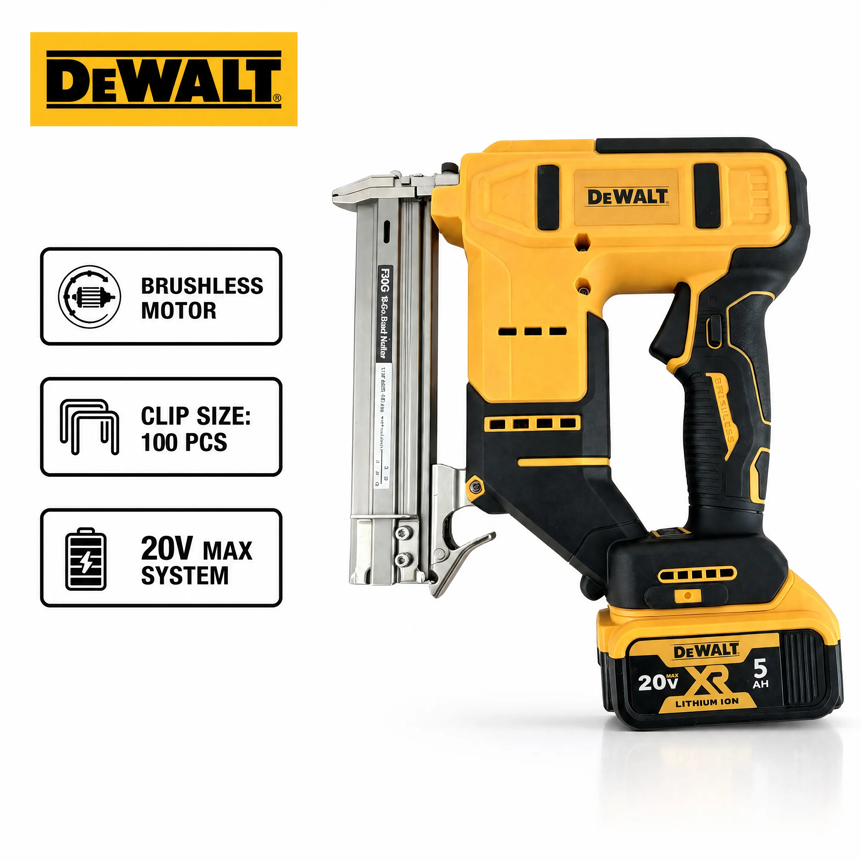 DEWALT F30 2-In-1 Fastening Tool Powered By 20V MAX Platform, Accommodates 10mm To 30mm Straight Nails And 6mm To 16mm Staples, Built With Side Mode Switch And Anti-Slip Grip, Prevents Accidental Firing For Safe And Accurate Woodworking Operation
