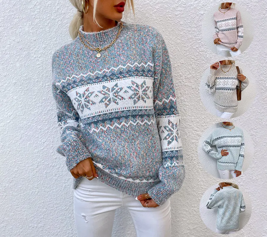 Winter Snowflake Sweater Half Turtleneck Pullover Knitted Tops Christmas