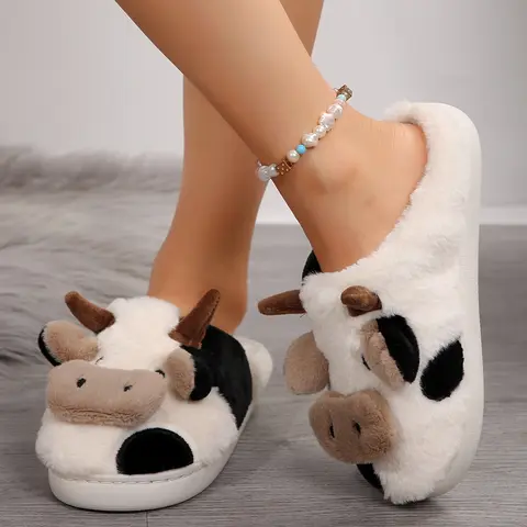 Fuzzy Warm Cow Slippers Slides for Women House Slippers for Woman Likable Handy Snow Outdoor Cartoon Animal Shape Kawaii Sandals Women Home Indoor