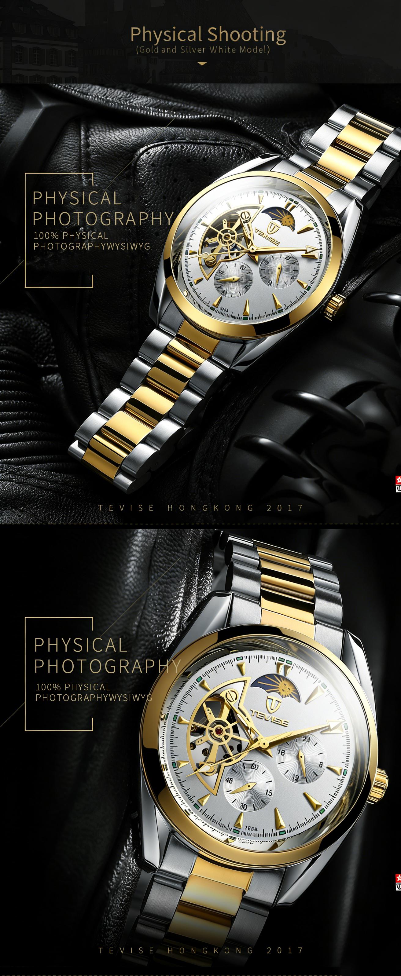 Luxury Men's Skeleton Watch, Moon Phase, Automatic Movement, Business Stainless Steel Wristwatch