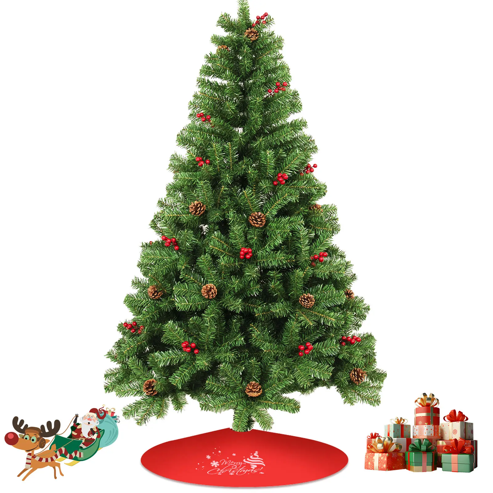 7FT/8FT Artificial Christmas Tree, Premium Unlit Hinged Spruce Full Tree with 1000 Branch Tips, Metal Stand, Easy Assembly Festival Celebration Xmas Tree with PineCones and Red Berries for Home, Party