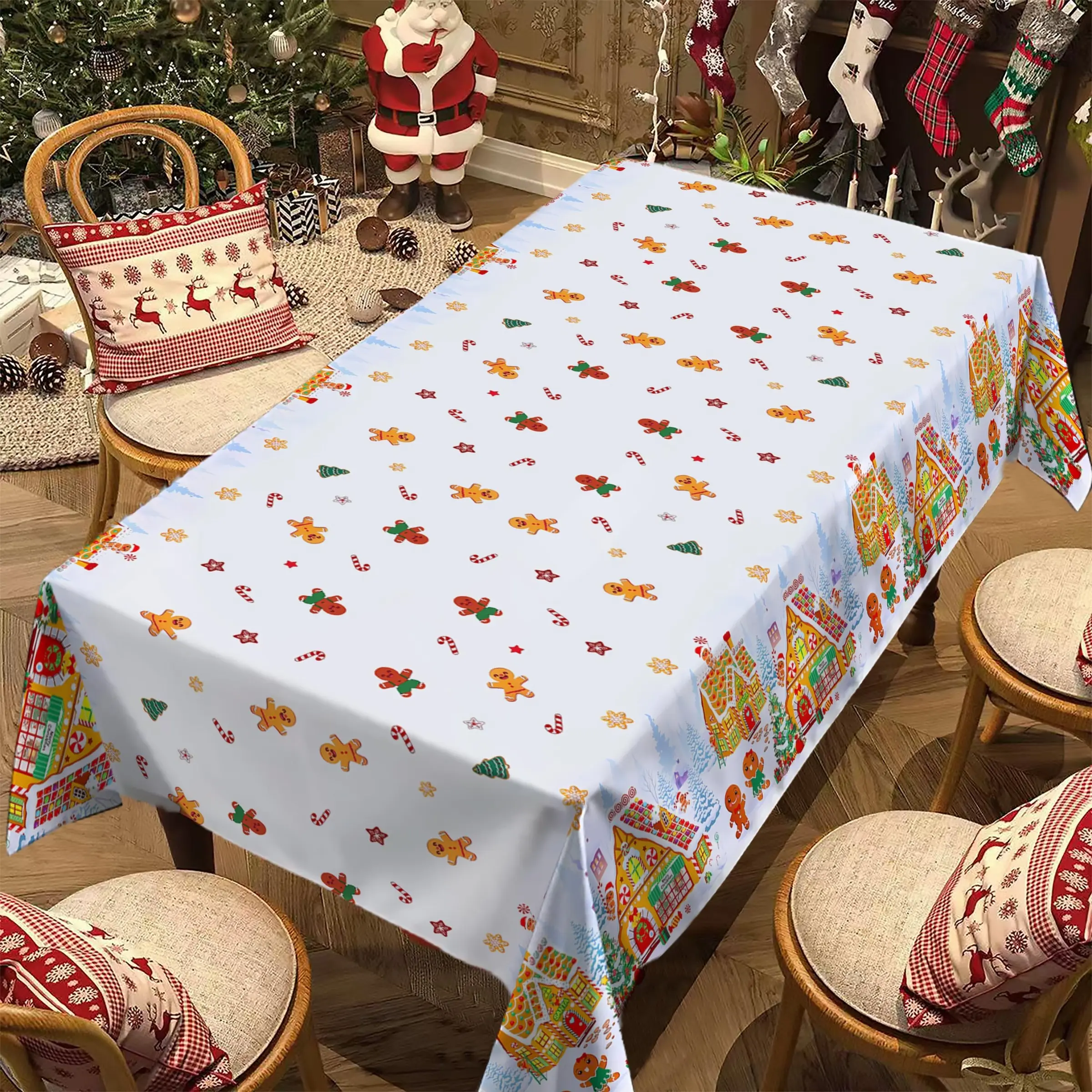 Rectangular Christmas Tablecloth, Gingerbread Man Candy Snowflake Design, Perfect for New Year Party and Dinner Decorations, Best Christmas Gift