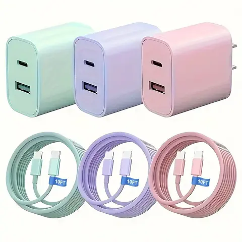 GSASUPJ 3 Pcs 20W USB-C Wall Charger Kit with 10FT Type-C Lightning Cables, US Plug, 20W PD Fast Boost, Safety Chip, Overheat Protection for Cellphone, iPhone 17/16/15, Samsung, Electronic Pad