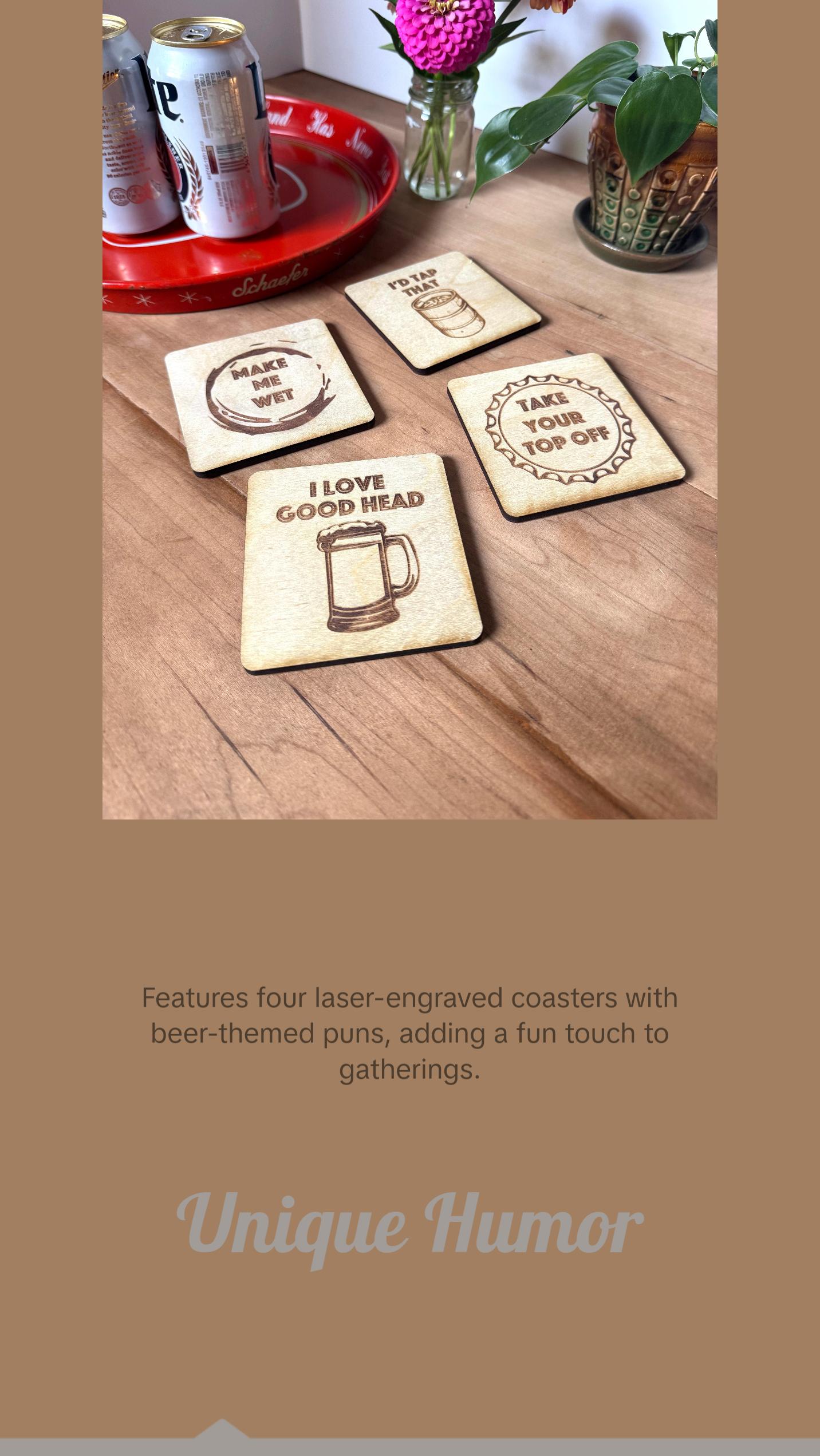 Beer Coasters | Set of 4  | Laser Engraved Real Wood Drink Coaster with Cork Backing - Housewarming Gift