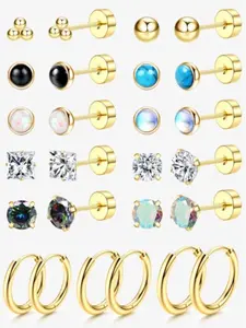 13 Pairs Trendy Golden Earring Kit for Women Men Sophisticated Mysterious Look Skin-friendly Surgical Steel for Sensitive Ears Flat Back Stud Earrings Petite Hoops Multi-functional Cartilage Piercing Jewelry Dazzling Zirconia Natural Textured Opal