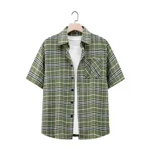 Vintage Plaid Textured Full Placket Lapel Collar Short Sleeve Shirt With Chest Pocket Detail Premium Soft Breathable Loose Oversized Daily Versatile American Casual Styling Top For Modern Male Apparel