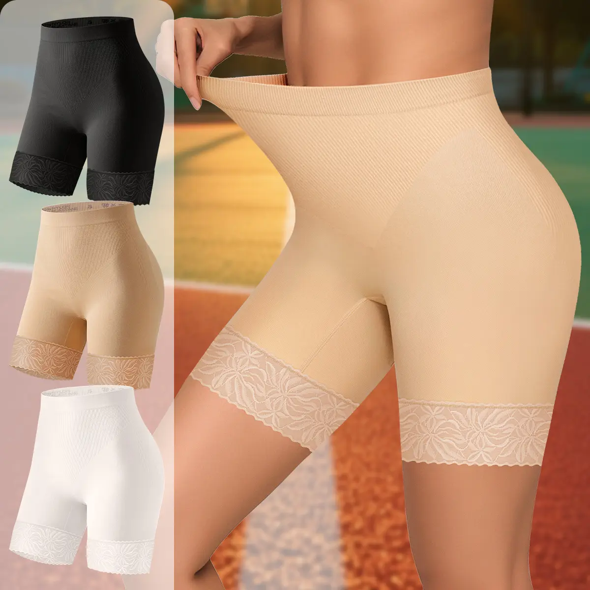 Morelect Women's Seamless Capri Casual Leggings (1-4 Pcs Options) - High Waist, V-Ribbed Texture, Lace Trim, Nylon Basics, High Stretch, Pull On, Plus Sizes, Plain Look, Casual Seamless Body Legging Underwear