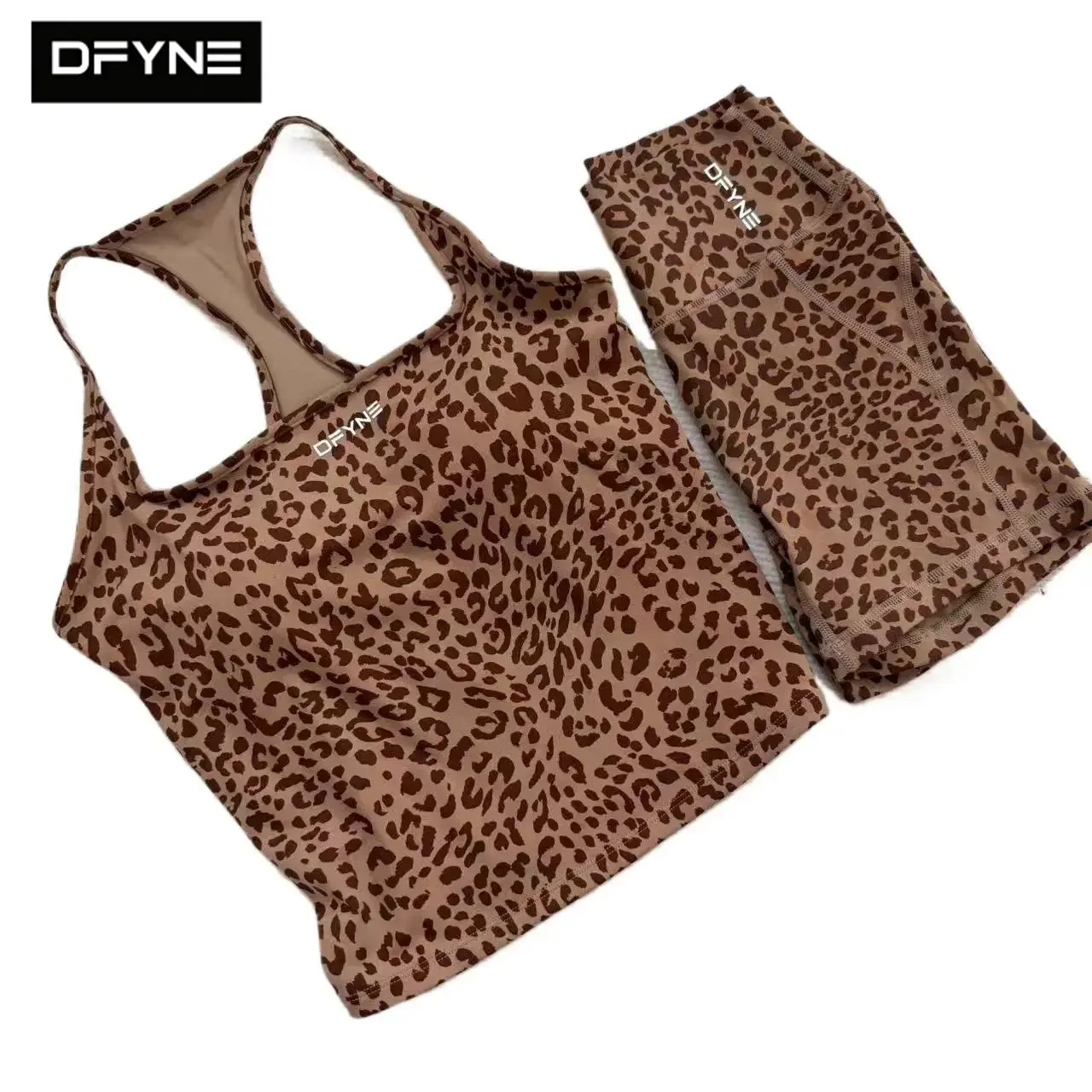 DFYNE Women Leopard Print 2 Piece Workout Set Padded Racerback Longline Tank Top Sports Bra High Waisted Biker Shorts Cheetah Print Gym Yoga Activewear Outfit Booty Lifting Matching Suit