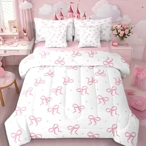 Pink Bow Comforter Set,(7 Pieces) | Teen Girl Cute Bow Bedding Set with Sheets Girly Trendy Bows Bed in A Bag with Flat and Fitted Sheets Preppy Modern Coquette Quilt Sets