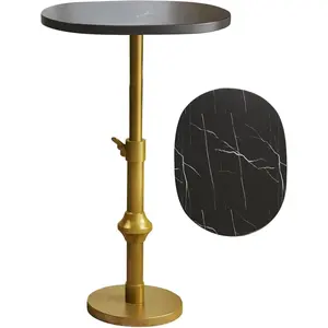 Marble wine table, 10"x12"x(22"~30") martini table, equipped with an adjustable antique brass metal base, suitable for small spaces, living rooms, bedrooms, or offices (black)