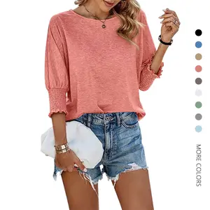 Danedvi Women's 3/4 Sleeve Casual Tops Solid Color Crew Neck Loose Fit Shirts Blouses Shorts Skirts