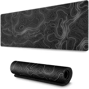 Topographic Gaming  Pad XL - (31.5 x 11.8 in) Large Black and White Desk Mat, Extended Contour Line Mousepad with Non-Slip Rubber Base,  Stitched Edges for Office &