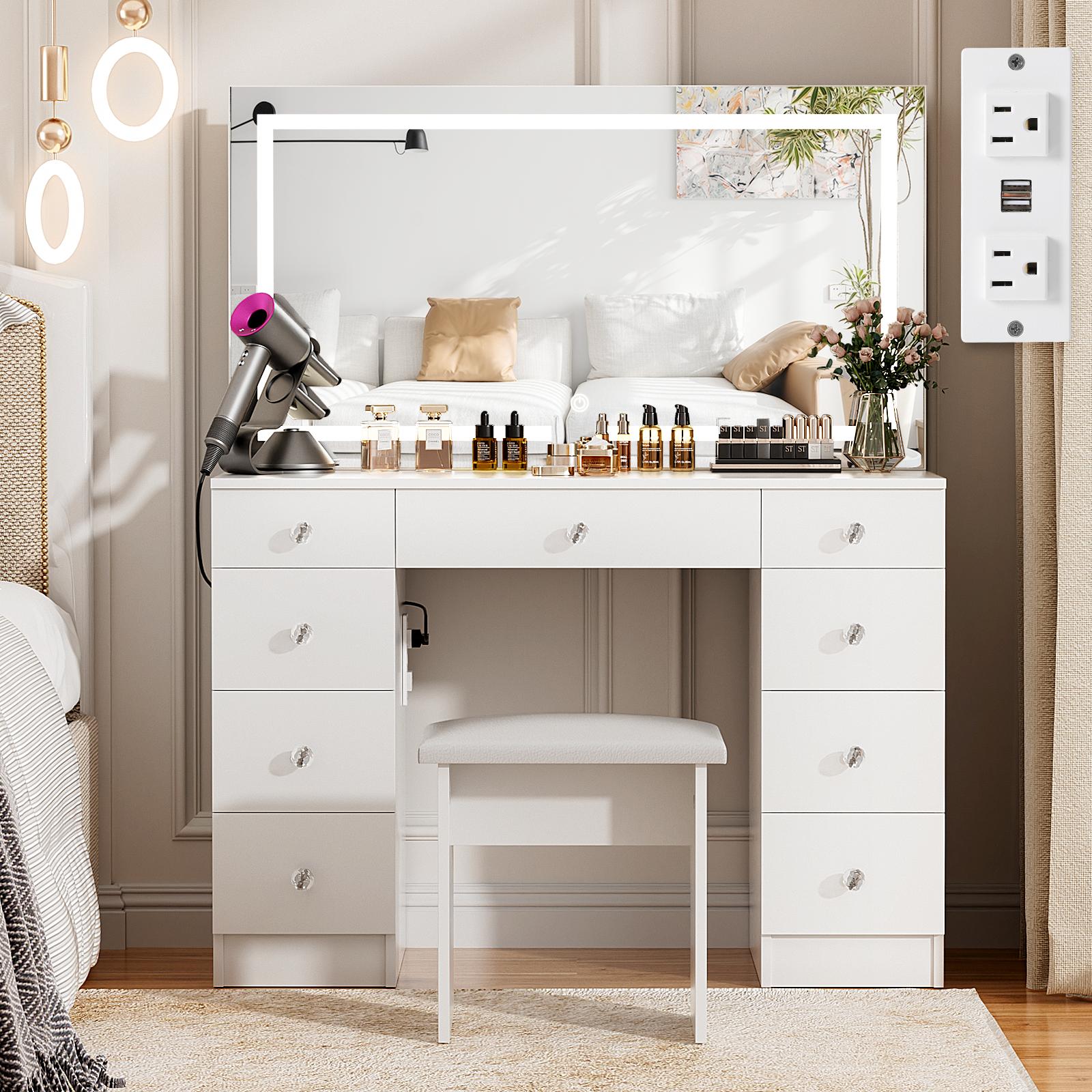VOWNER 54'' Tall Makeup Vanity Desk with Lighted Mirror ,9 Drawers, Soft Cushioned Stool for Bedroom
