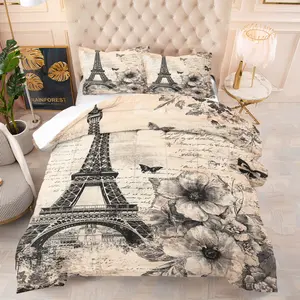 Retro Eiffel Tower Pattern Quilt Set,Soft and Comfortable Bedding Set, Soft Bedding Sets, Decorative Bedding Set, Suitable for Bedroom Decoration for Teenagers and Adults,Includes 1 Quilt and 1 or 2 Pillowcases without Core