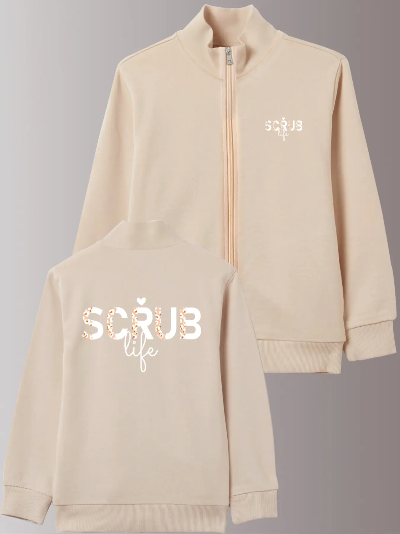 Women's Casual Scrub Print Zipper Jacket, Stand Collar Long Sleeve, Pocket Design, Polyester Blend, Fall & Winter Wear