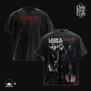 Resident Evil Graphic Shirt Leon S Kennedy Collage Panel Vintage Washed Oversized T-Shirt Survival Horror Hoodie Dark Grunge Edgy Streetwear Y2K Merch Tee Gift For Game Fan Clothes