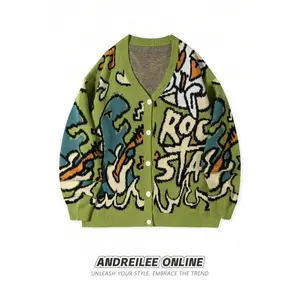 Unisex Casual Loose Fit V-Neck Knitted Sweater With Dinosaur Cartoon Letters Print, Suitable For Spring, Autumn And Winter Cute Knitwear