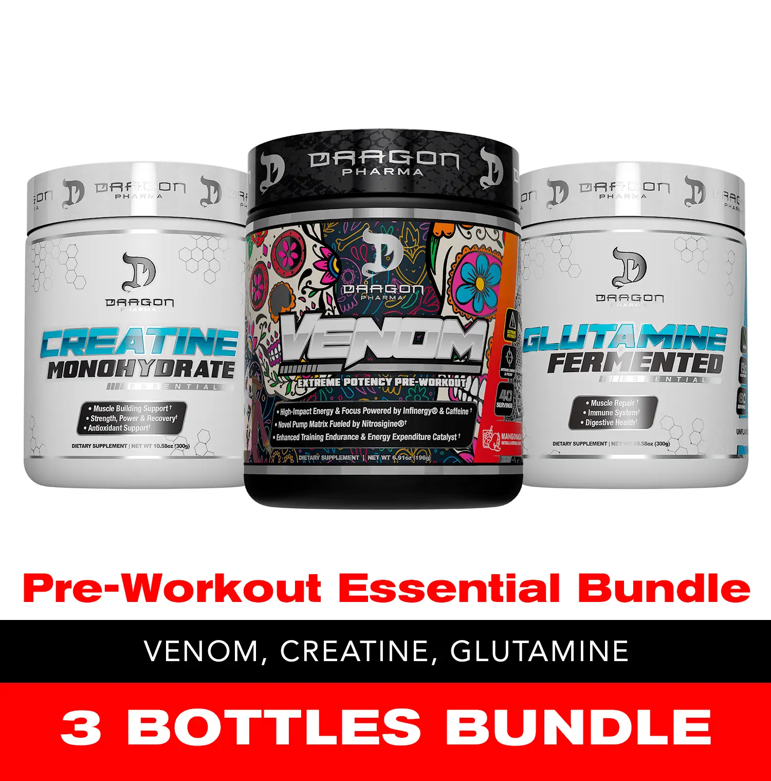 3 Bottles of Dragon Pharma Pre-Workout Essential Bundle: Venom Pre-Workout, Crea...
