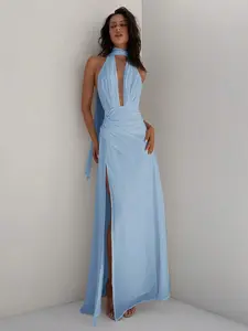 Aloruh Women's Deep V-Neck Backless Spaghetti Strap Long Chiffon Dress With Tie, Waist Cinched A-Line Silhouette, Suitable For Wedding, Party & Vacation, Spring/Summer,Pastel Dresses For Women