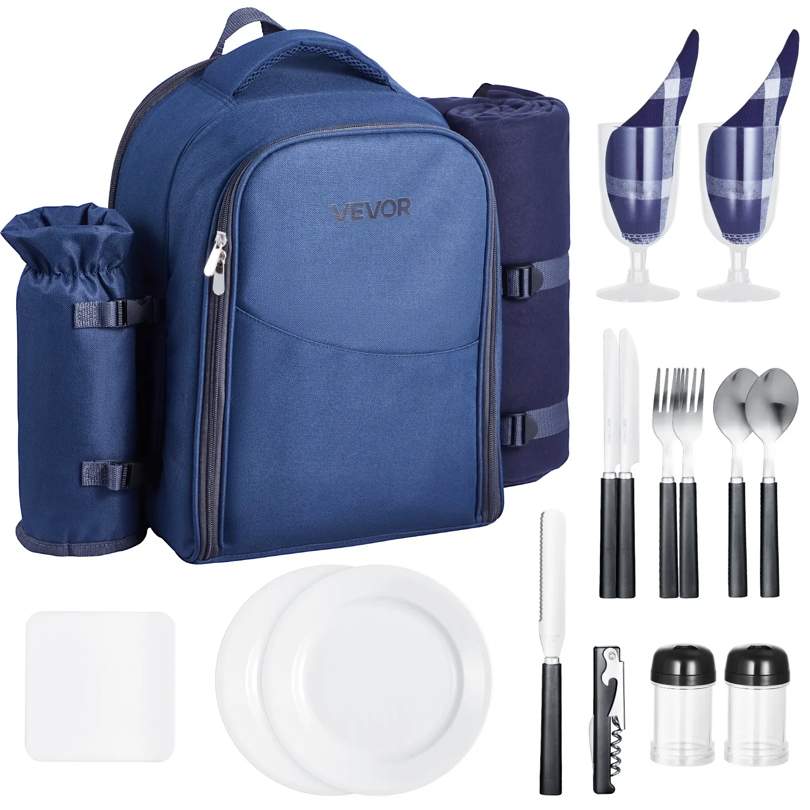 【Summerfinds】VEVOR Unisex 2-Person 20L Oxford Fabric Picnic Basket Tool Kit, Outdoor Camping Supplies - Insulated Cooler Compartment, Detachable Bottle/Wine Holder, Lightweight Picnic Mat, Plates, Cutlery Set, Easy-to-Clean Navy Blue for Hiking Camping