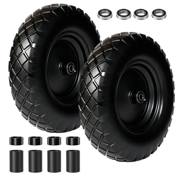 Round Outdoor 4.80/4.00-8 Flat-Free Solid Tire & Wheel, 16-in Diameter Polyurethane Utility Load Replacement, 5/8-in & 3/4-in Bearings, 3-in Centered Hub for Garden Carts, Hand Trucks (1 or 2 Pack)