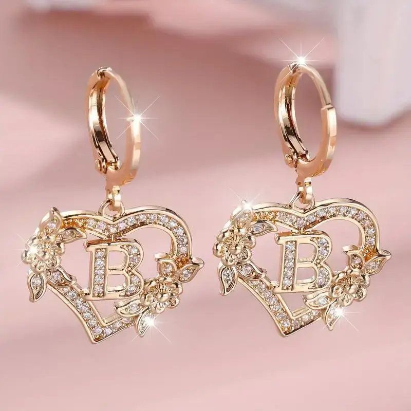 Cubic Zirconia Heart Drop Earrings with Letter Engraving A-Z, Synthetic Dangle Earrings, Copper Ear Needle, No Plating, Floral Design, for Women, Over 15 Years Old, College Theme Cubic Zirconia Heart Drop Earrings with Letter Engraving A-Z, Synthetic Dangle Earrings, Copper Ear Needle, No Plating, Floral Design, for Women, Over 15 Years Old, College Theme