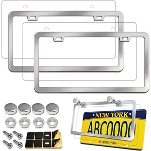 License Plate Frames Covers-Stainless Steel Car Tag Holder and Clear Flat Shield, Unbreakable Front Rear Protector with Chrome Screws Caps, 2 Sets