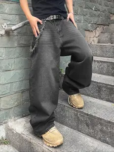 Men's Loose Washed Blue Denim Jeans, Casual Simple Fashionable Wide Leg Design, All Seasons Wear Comfortable Fit, Fashion Pants