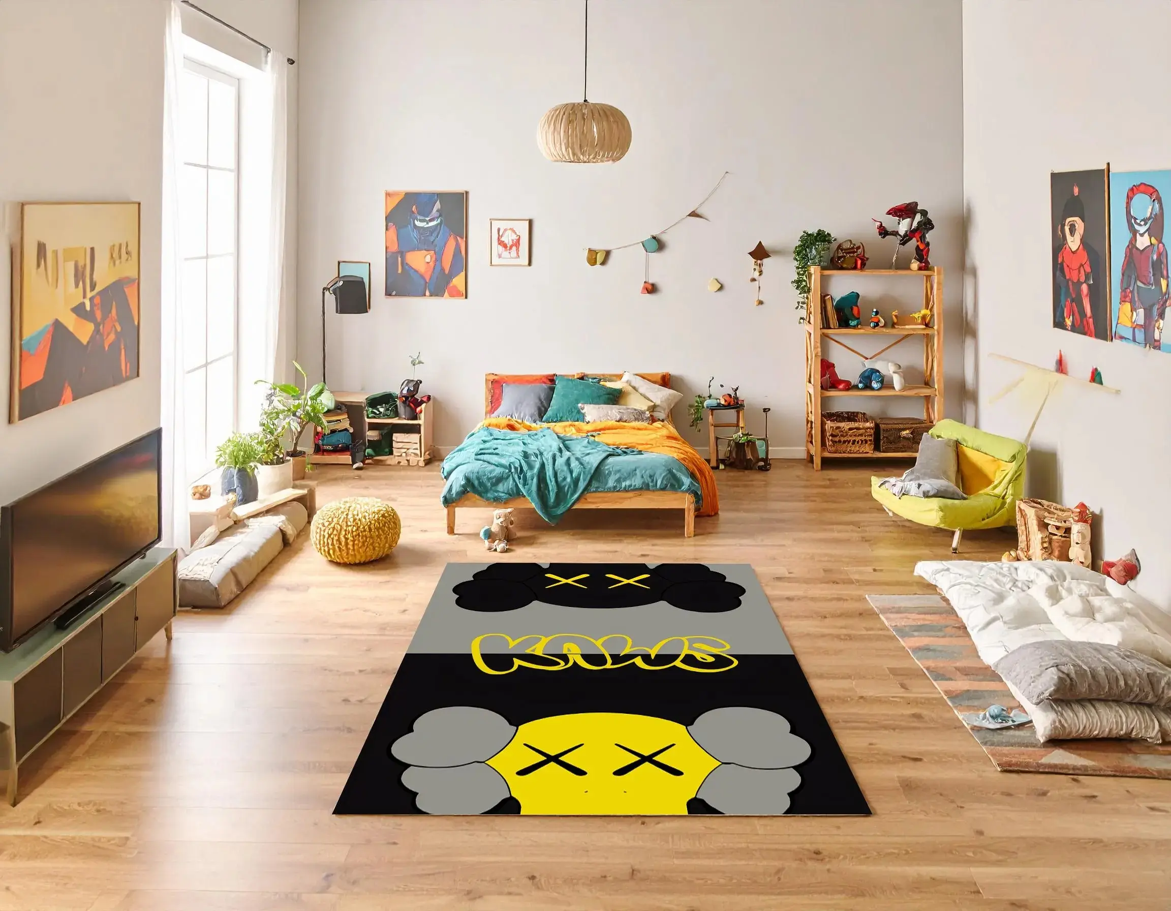 Kaws Inspired Graffiti Rug: Yellow & Black Pop Art Rug, Gamer Room Decor, Pop Art Character Rug for Hypebeast Gamer Room or Modern Decor