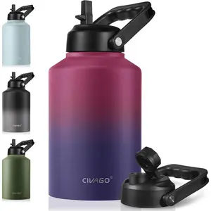 128 oz Insulated Water Bottle Jug with Straw & Handle, Large Stainless Steel Sports Water Canteen, 2 Lids for Outdoor Activities - Dark