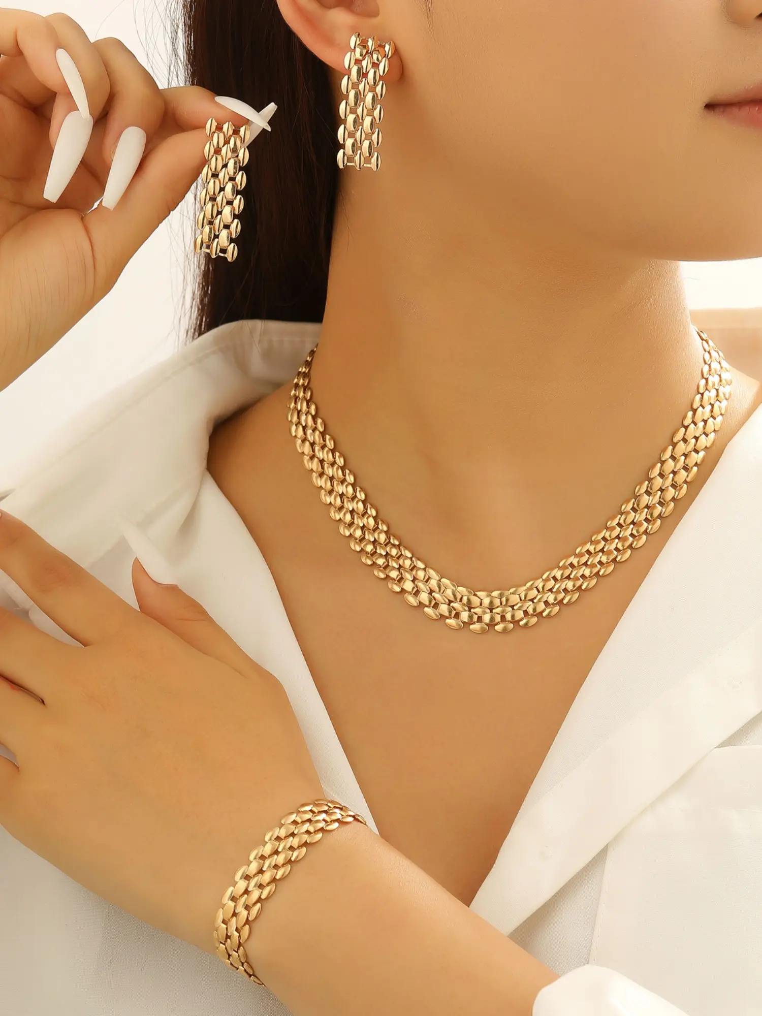 Vintage Braided Necklace Earrings Bracelet Set, Office Women Business Party Daily Wear Gift, Matching Jewelry Set, Elegant Accessories Collection