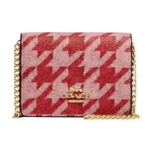 COACH Logo Check Print Flip-Top Coated Canvas and Leather Mini Square Wallet for Women in Red