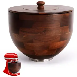 Mixing Bowl Compatible with 4.5-5 Qt Tilt- Stand Mixers with Lid Cover -  True Acacia Wooden Bowls, 5 Quart Kitchen Aid Bowls for Mixer with Stainless Steel Locking Base.