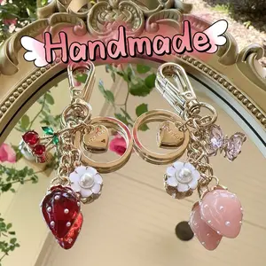 Handmade Gifts Pink Red Resin Strawberry Butterfly Flower Bag Charm, Keychain