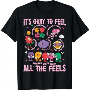 100% Cotton Its Okay To Feel All The Feels Mental Health Awareness T-Shirt Top Vintage Womenswear Everyday women's graphic tees