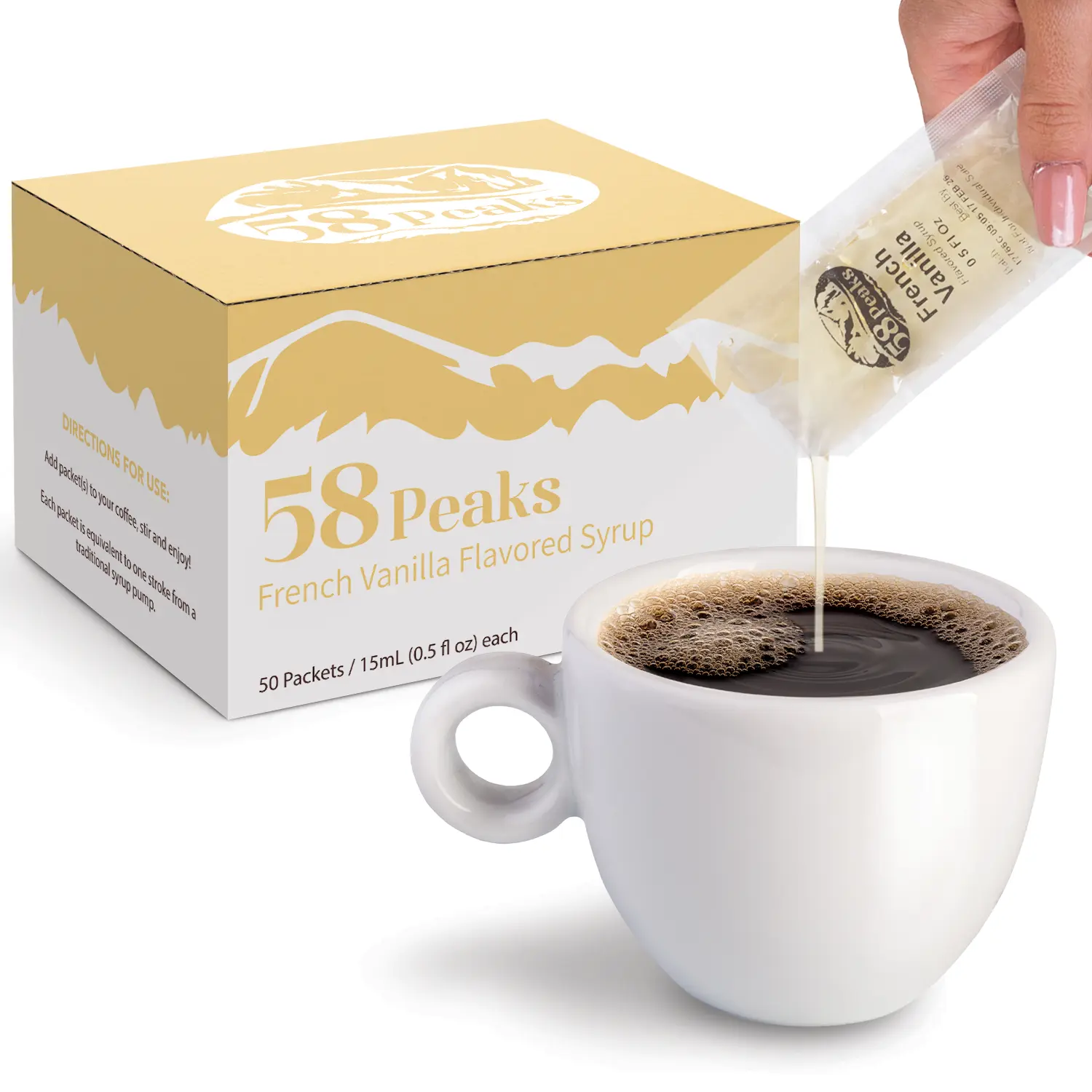 50 Count French Vanilla Syrup Packets for Coffee & Drinks, To-Go Single Serve Flavoring, 15mL, 58Peaks
