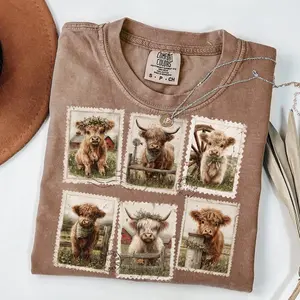 Comfort Color Highland Cow Stamp T-shirt, Western Cow Lover T-shirt Everyday Country Cow Shirt Coquette Cow Cute Highland Calf Shirt
