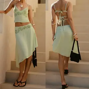 Women's 2 Piece Skirts Outfits Floral Print Spaghetti Strap V-Neck Cami Tops Asymmetrical Midi Skirts Clothes Set