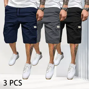 Men’s 3-piece slim shorts set — summer casual color-block drawstring shorts, lightweight and breathable, featuring diagonal pocket placement and multiple pockets; versatile for everyday wear, beach trips, and workouts. Color options: brown, black, green,