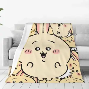Chiikawa Print Anime Theme Microfleece Blanket, Cute Kawaii Usagi Manga Design, Super Soft Portable Summer Throw for Bedding & Couch,summervibes