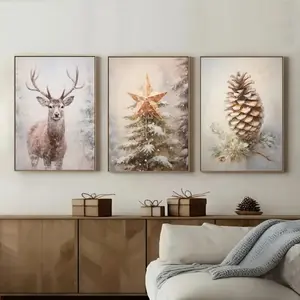 3pcs Christmas Theme Canvas Paintings with Wooden Frame, Deer Star Pinecone Wall Art for Living Room Decoration, Winter Themed Hanging Decorations