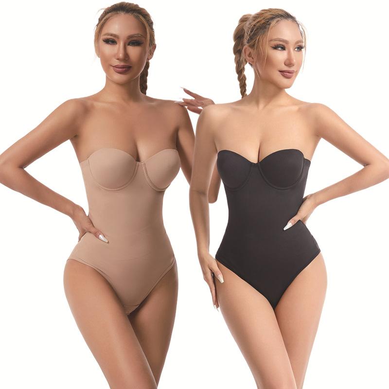 Plus Size Shapewear Bodysuit Strapless Dress Special Corset with Underwire Bra Seamless Tummy Control Waist Cincher Womenswear Compression Basic Minimalist s seamless invisible support Black