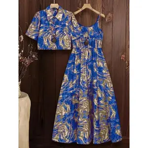 Women's All Over Print Cami Dress & Shirt Two-piece Set, Casual Fashion Cozy Two Piece Set for Daily Outdoor Wear, Women Clothes for Spring Fall, SummerGift